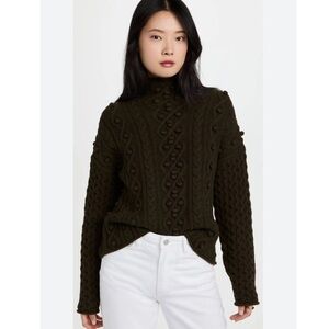 Theory Mixed Cable Cashmere Blend Bobble Knit Green Mock Neck Sweater small